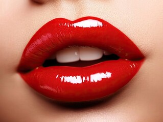 Obraz premium Close-up of vibrant red lips with perfect lipstick application, showcasing beauty in macro detail, ideal for cosmetic and fashion editorial use.