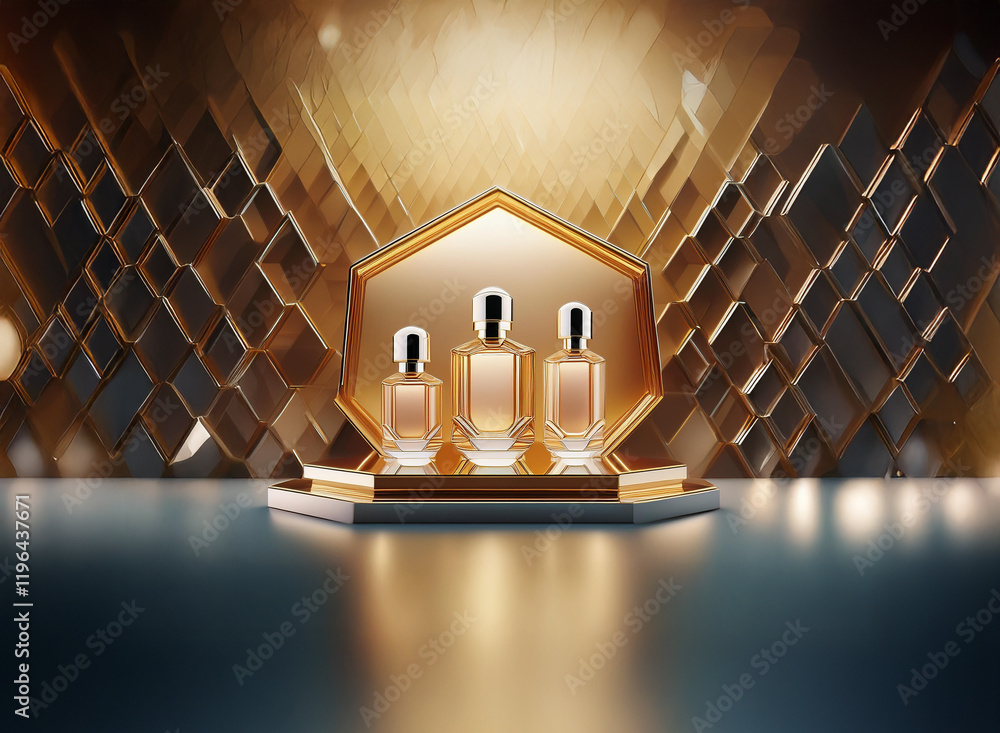 Poster three amber glass perfume bottles on a gold hexagonal display, set against a backdrop of shimmering 
