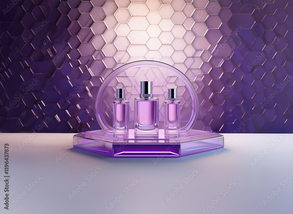 Poster elegant purple perfume bottles displayed on a modern, geometric hexagonal platform with a circular a