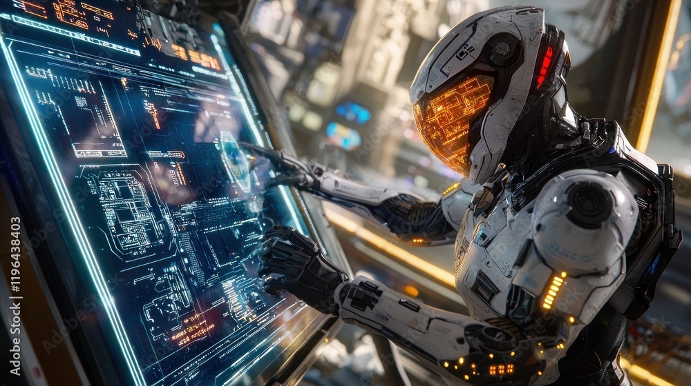 Poster futuristic robot interacting with advanced holographic interface
