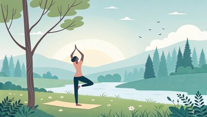 Peaceful yoga session capturing tranquility and mindfulness in a serene natural environment, promoting wellness and calm.
