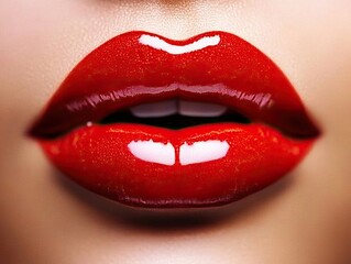 Obraz premium Close-up of vibrant red lips with perfect lipstick application, showcasing beauty in macro detail, ideal for cosmetic and fashion editorial use.