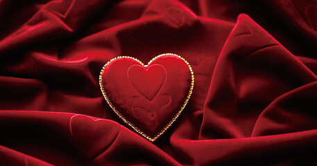 heart and with gold edge isolated red cloth background