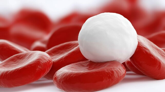 A close-up image of red blood cells with a prominent white blood cell, highlighting the contrast between the two types of cells in the bloodstream.