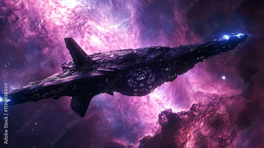 Poster futuristic alien fractal spacecraft navigating through a vibrant nebula in deep space, alien fractal
