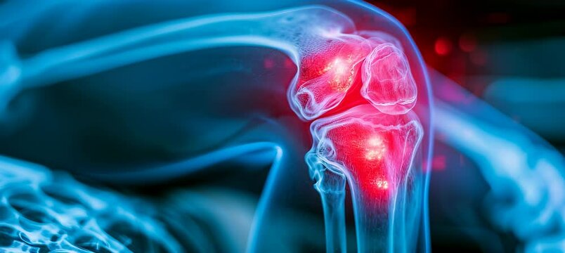Knee bone pain x-ray visual. Medical injury treatment healthcare concept. Generative video AI technology.	
