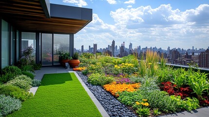 Obraz premium Green urban rooftop garden with sustainable features, vibrant plants, and cityscape views