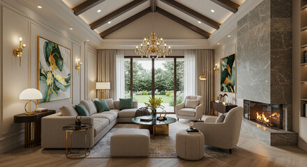 Fototapeta premium A modern living room interior featuring a comfortable sectional sofa, a coffee table, and a stylish chandelier, with a well-lit living room