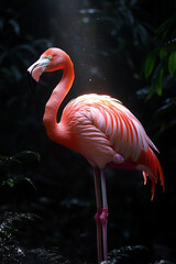 A Pink Flamingo Stands Gracefully In Dark Surroundings