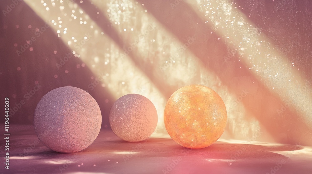 Poster Glowing textured spheres of varying sizes reflect the soft hues of an enchanting dusk. Rays of light mystically dance around them, creating a captivating atmosphere of serenity and wonder