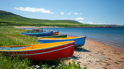 Fototapeta premium Colorful Small Boats on a Sunny Beach with Picturesque Bay and Clear Blue Sky