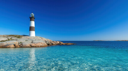 Serene Island Landscape with Crystal Clear Waters and Majestic Lighthouse Under Blue Sky