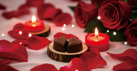 chocolate treats with candles and flower petals in the background
