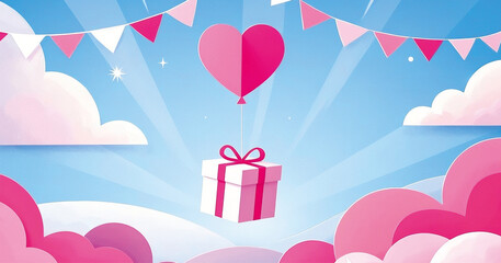 Illustration of an origami heart-shaped hot air balloon flying with a gift box.