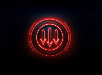 Glowing red neon symbol; three downward arrows encircled within concentric rings on a dark background.  The image evokes a futuristic or technological aesthetic.