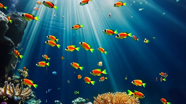 Exploring vibrant underwater life in a submarine with colorful fish, 4k video from illuminator of submarine of colorful coral reef and schools of tropical fishes