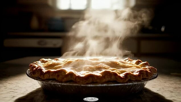 Steaming apple pie on kitchen counter, sunlight through window. Use Food blog, recipe site