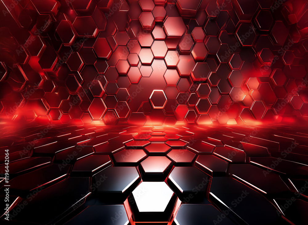Poster a dark, dramatic scene featuring a honeycomb pattern in deep red and black. illuminated hexagons cre