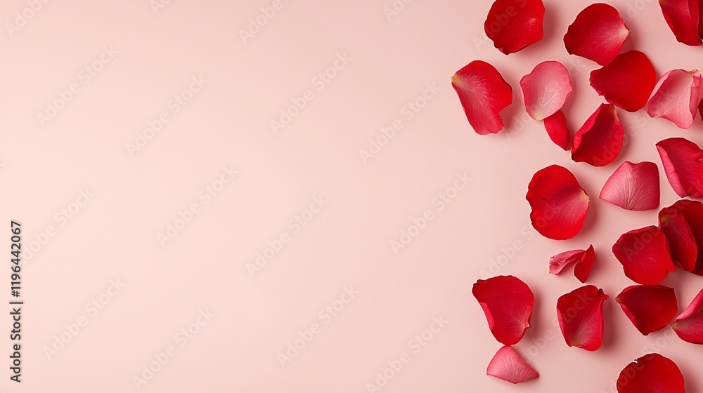 Poster a close-up view of vibrant red rose petals scattered on a soft pink background with ample copy space