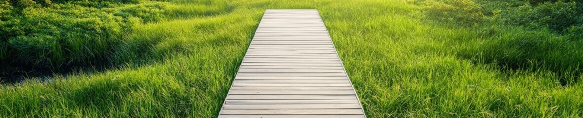 Serene Wooden Pathway Through Lush Green Grass