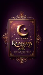 AI generates elegant Ramadan 2025 Greeting with Crescent Moon and Stars in Gold Design