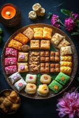 Colorful Assortment of Traditional Sweets on a Decorative Plate Surrounded by Flowers and Candles, Perfect for Celebrations and Festivities