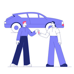 Two Male Characters Exchanging Car Keys In Flat Vector Illustration Symbolizing Vehicle Ownership Transfer And Business Transaction, Isolated On White Background