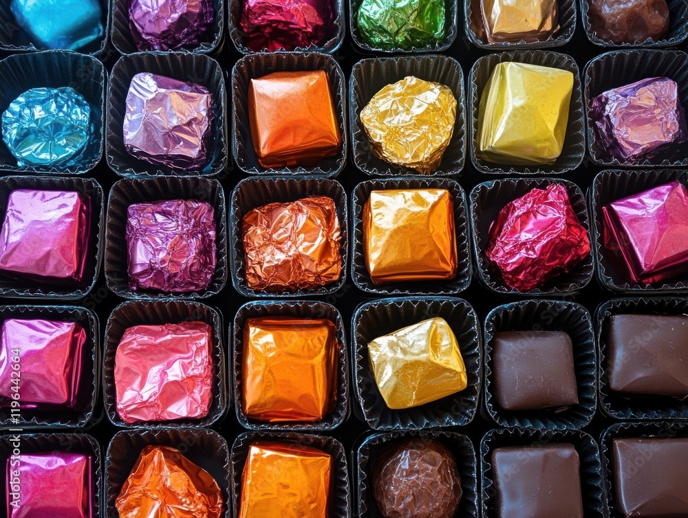 Poster colorful assortment of wrapped chocolates in various shapes and sizes arranged neatly in a box creat