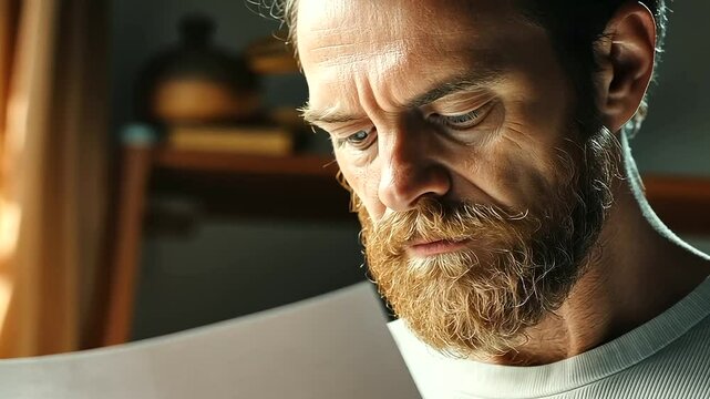 Close Up of Man Holding Blank Paper with Thoughtful Expression