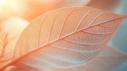 Obraz premium A close-up of a translucent leaf, with its fine veins and intricate texture illuminated by the sun, creating a soft glow that reveals every delicate detail.