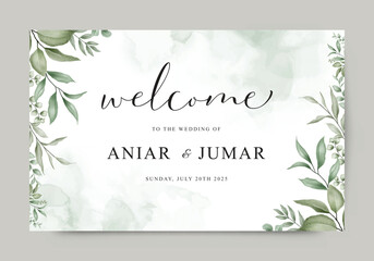 Elegant greenery wedding invitation card welcome sign template