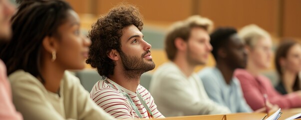 Fototapeta premium Economic benefits education concept. Students attentively listening in a lecture hall setting.