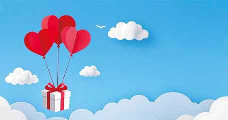 Origami illustration of making a hot air balloon fly near white clouds with a gift box.