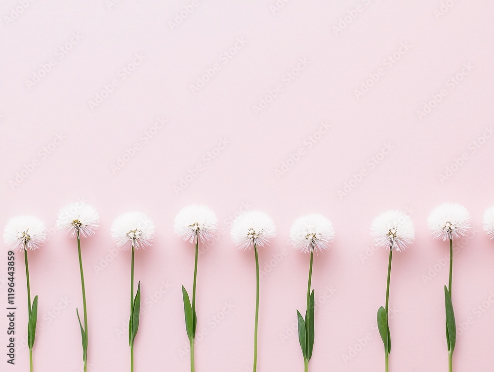 Poster a minimalistic layout of single petals placed evenly on a light pink background, leaving ample space