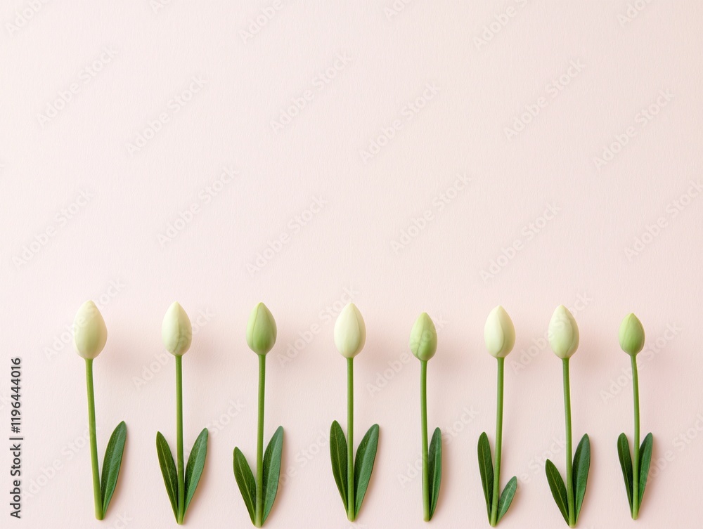 Poster a minimalistic layout of single petals placed evenly on a light pink background, leaving ample space