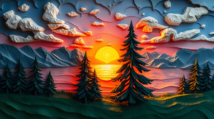 papier-mâché depicting a sunset over a calm lake, mountains, and pine trees desktop wallpaper| generative AI