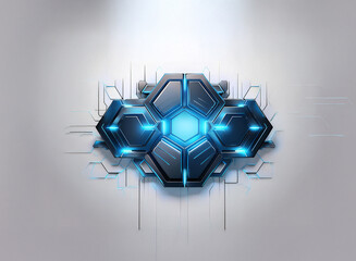 Abstract digital artwork featuring a futuristic, hexagonal structure with glowing blue accents.  The design evokes technology, innovation, and connectivity.