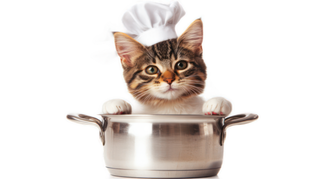 Adorable Cat in Chef Hat Peeking Over Stainless Steel Pot, Bringing Joy and Whimsy to Cooking Scenes with Its Playful Expression and Culinary Spirit