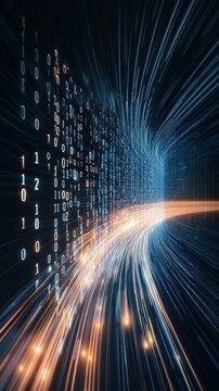 Abstract Digital Flow with Binary Code and Light Trails