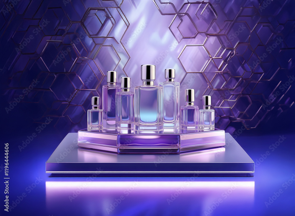 Aufkleber elegant perfume bottles in various sizes are displayed on a geometric platform with a futuristic, gl