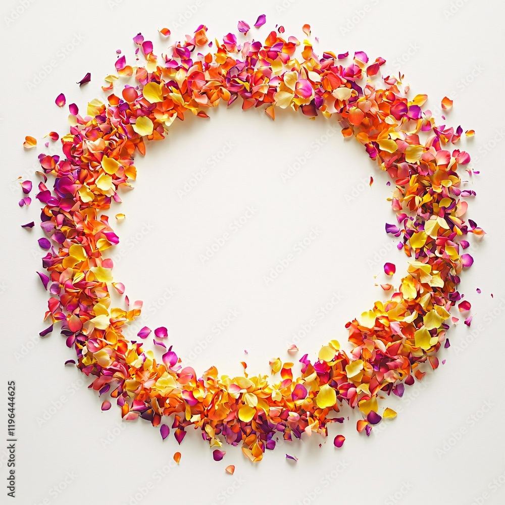 Poster an overhead view of colorful petals gently arranged to form a romantic swirl pattern on a white surf