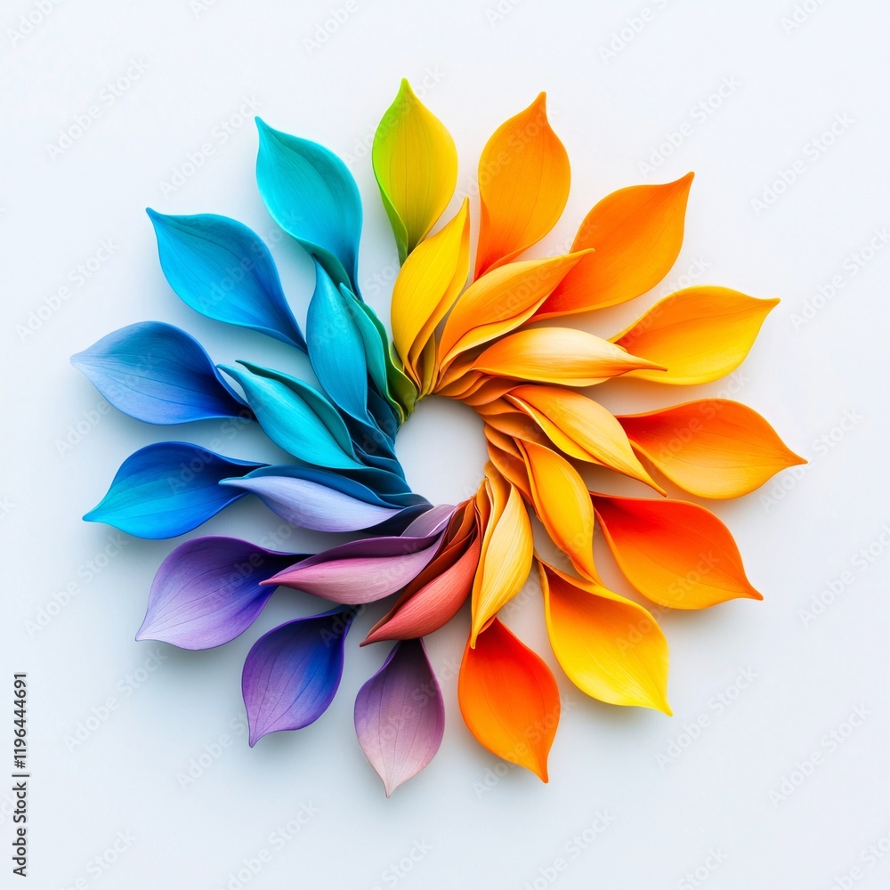 Poster an overhead view of colorful petals gently arranged to form a romantic swirl pattern on a white surf