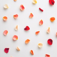 An overhead view of colorful petals gently arranged to form a romantic swirl pattern on a white surface
