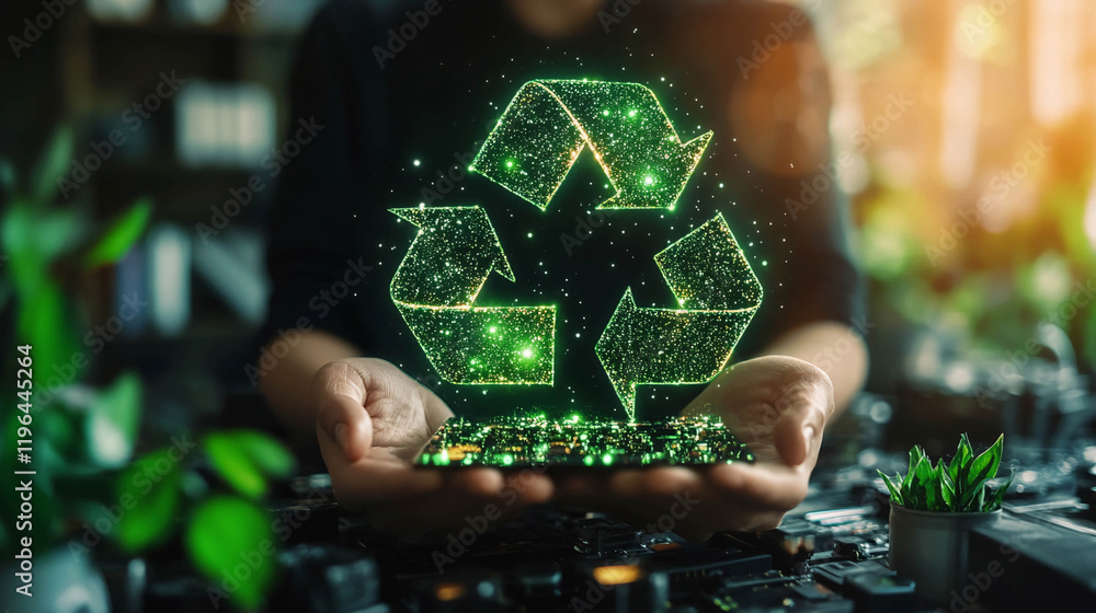 Poster Two palms holding a holographic image of the recycling symbol in the form of glowing green dots located on a background resembling a microcircuit or a printed circuit board.