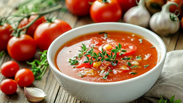 Fresh tomato sauce made with tomatoes and garlic in a white bowl surrounded by fresh ingredients, Fresh tomato sauce in a white bowl with tomatoes, garlic, and herbs on a rustic wooden background