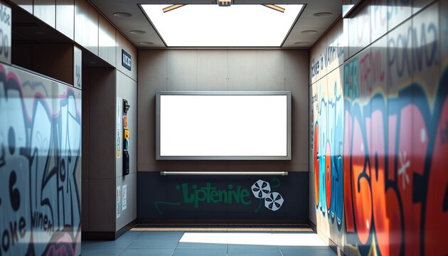 Blank Billboard In A Subway Station With Graffiti