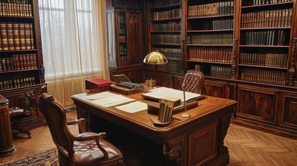 A lawyer's office with a large wooden desk, filled with legal papers and books.