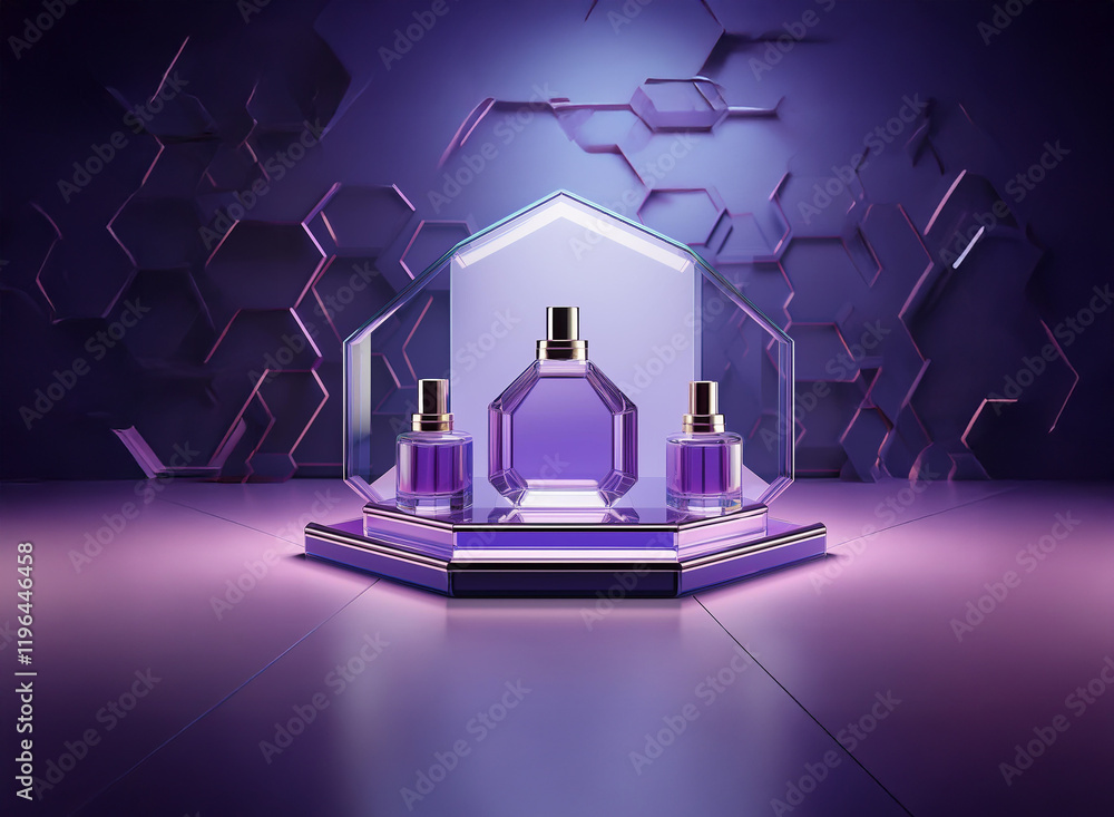 Poster three purple perfume bottles displayed on a hexagonal platform within a geometric, illuminated glass