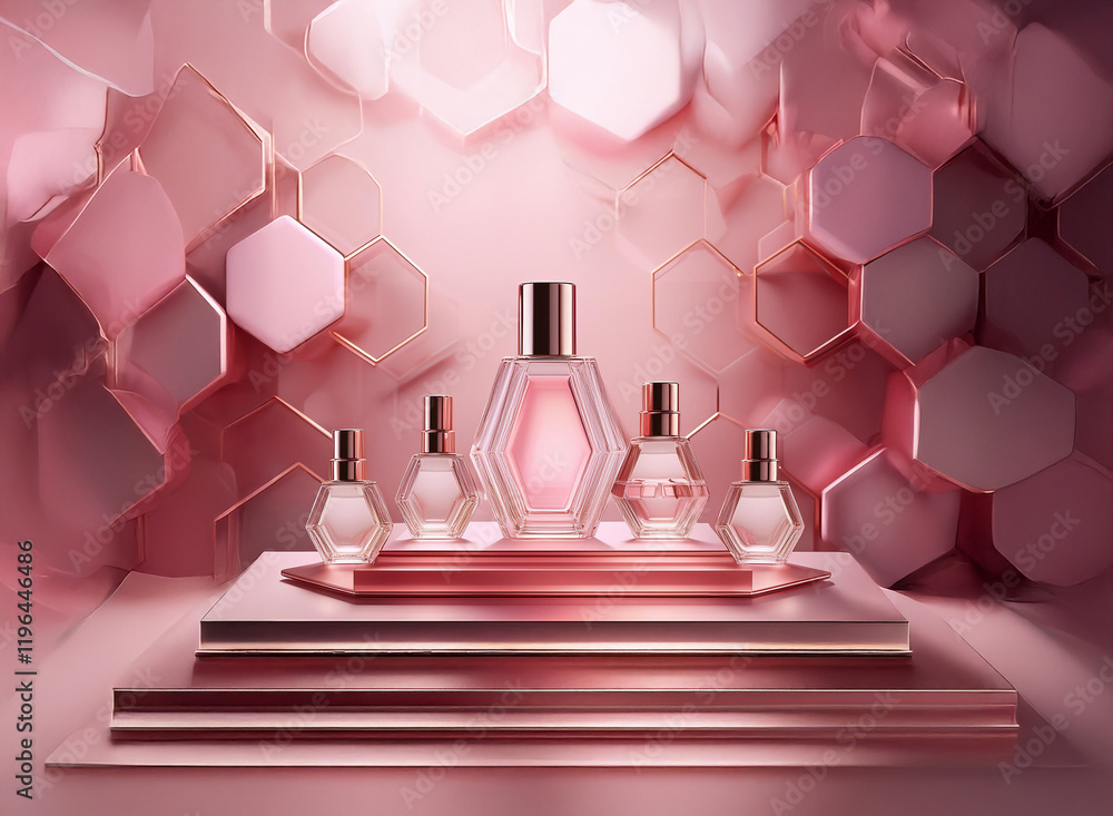 Poster a luxurious display of pink perfume bottles, geometrically arranged on a tiered platform against a b