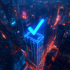 Cityscape Success  Approved Skyscraper  Neon Checkmark